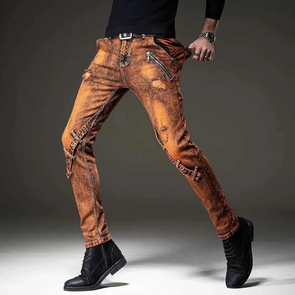European and American fashion retro style jeans men's nostalgic splicing slim,small feet personalized patch pants Ripped jeans
