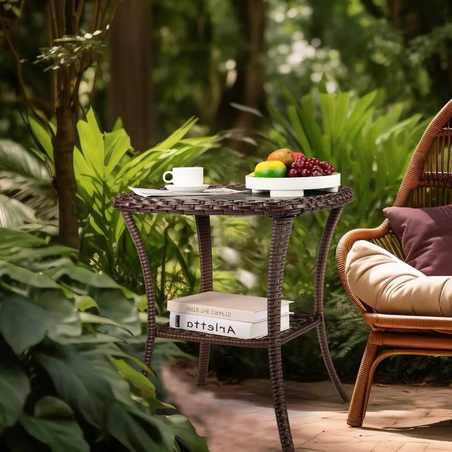 Outdoor Side Table Patio Wicker Coffee Table Outdoor End Table Rattan Bistro with Storage & Poly Lumber Top Square