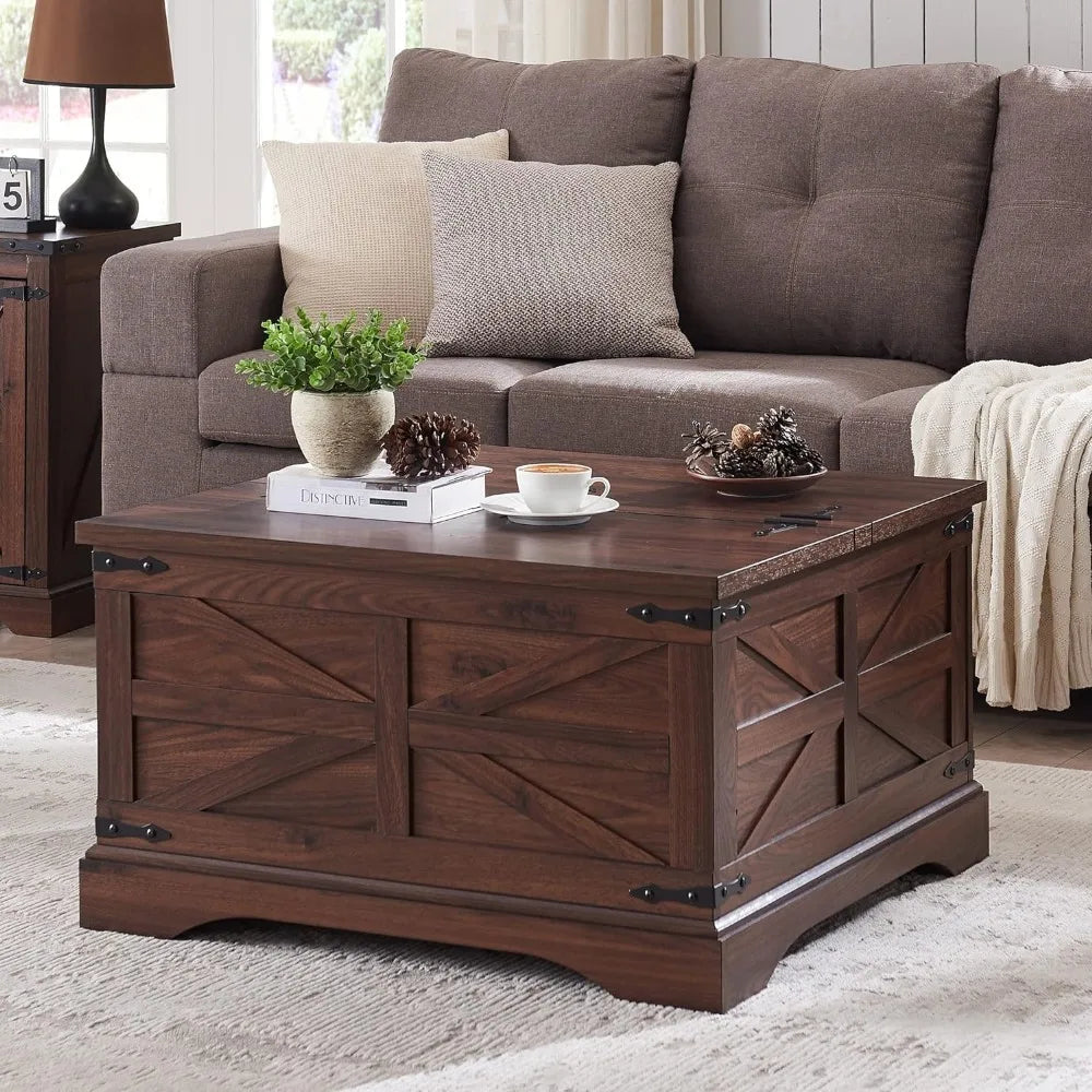 Farmhouse Coffee Table, Square Wood Center Table with Large Hidden Storage Compartment for Living Room, Rustic Cocktail Table