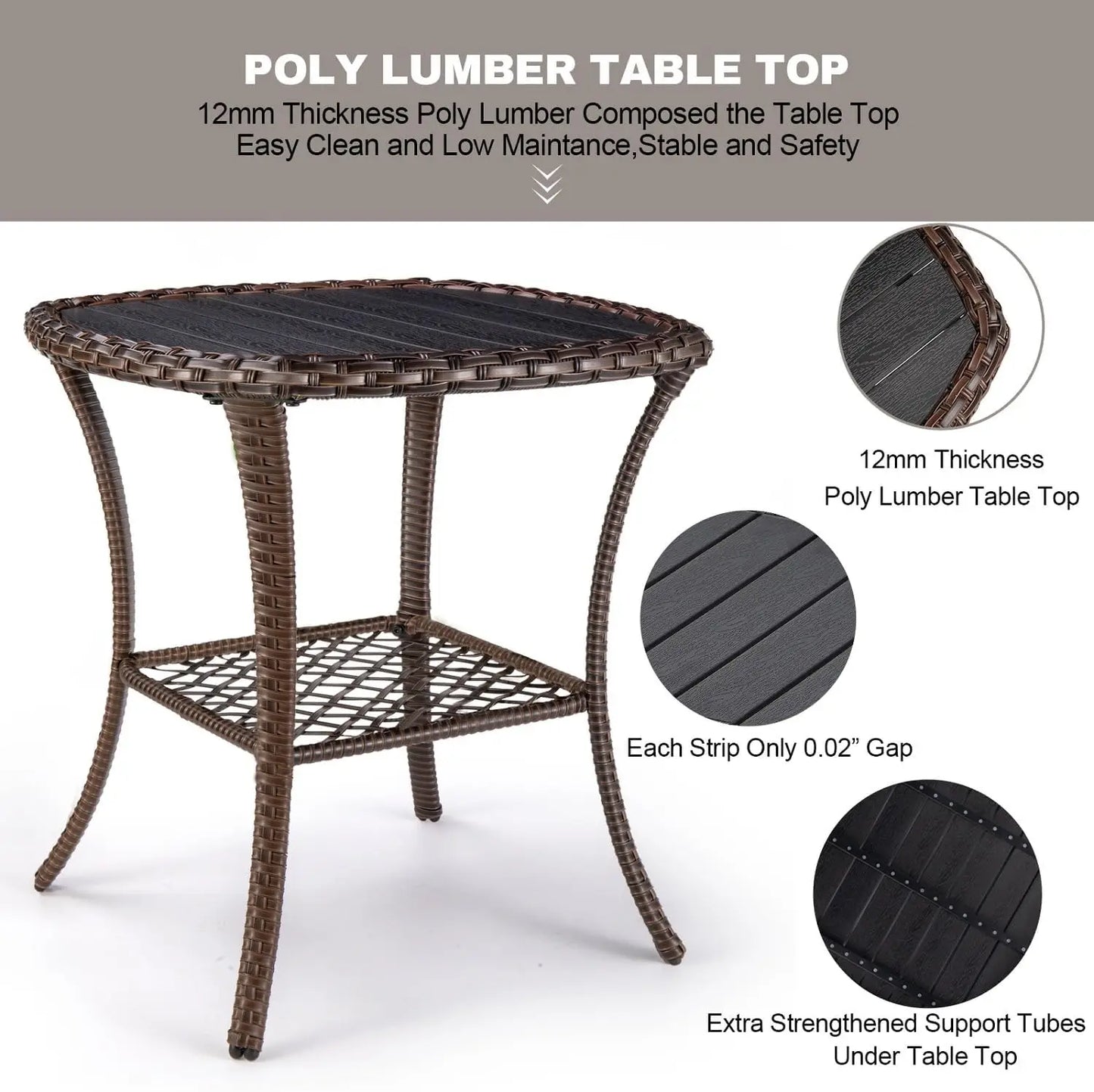 Outdoor Side Table Patio Wicker Coffee Table Outdoor End Table Rattan Bistro with Storage & Poly Lumber Top Square