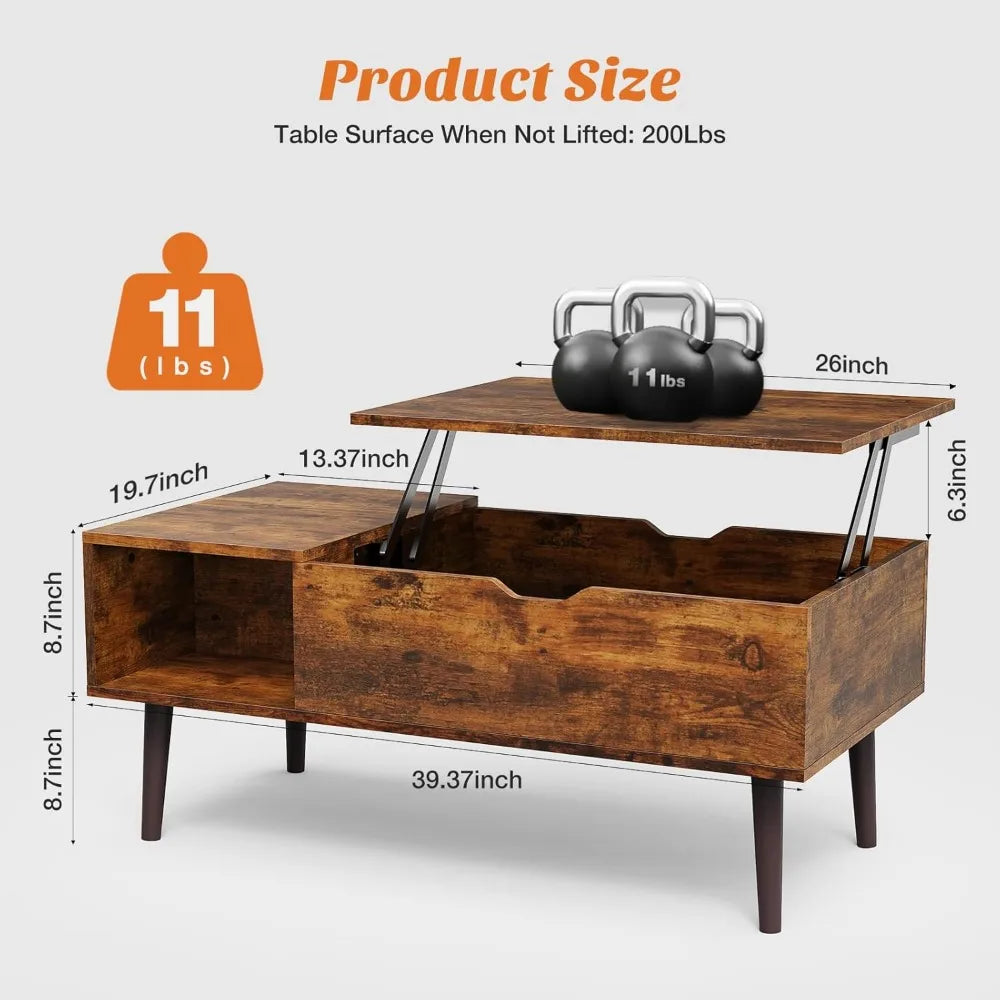Coffee Table Brown, Lift Top Coffee Tables for Living Room, Small Rising Wooden Dining Center Tables with Storage Shelf