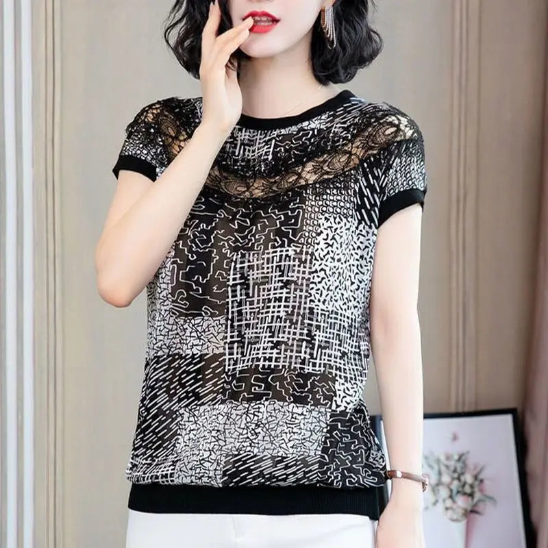 Vintage Printed O-Neck Spliced Hollow Out Lace Blouse Women's Clothing 2023 Summer New Oversized Casual Pullovers Commuter Shirt