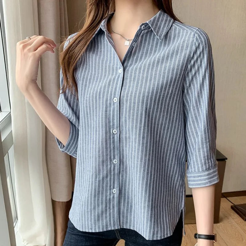 3/4 Sleeve Polo Collar Button Front Versatile Striped Shirt Autumn and Winter Version Commuter Women's Clothing