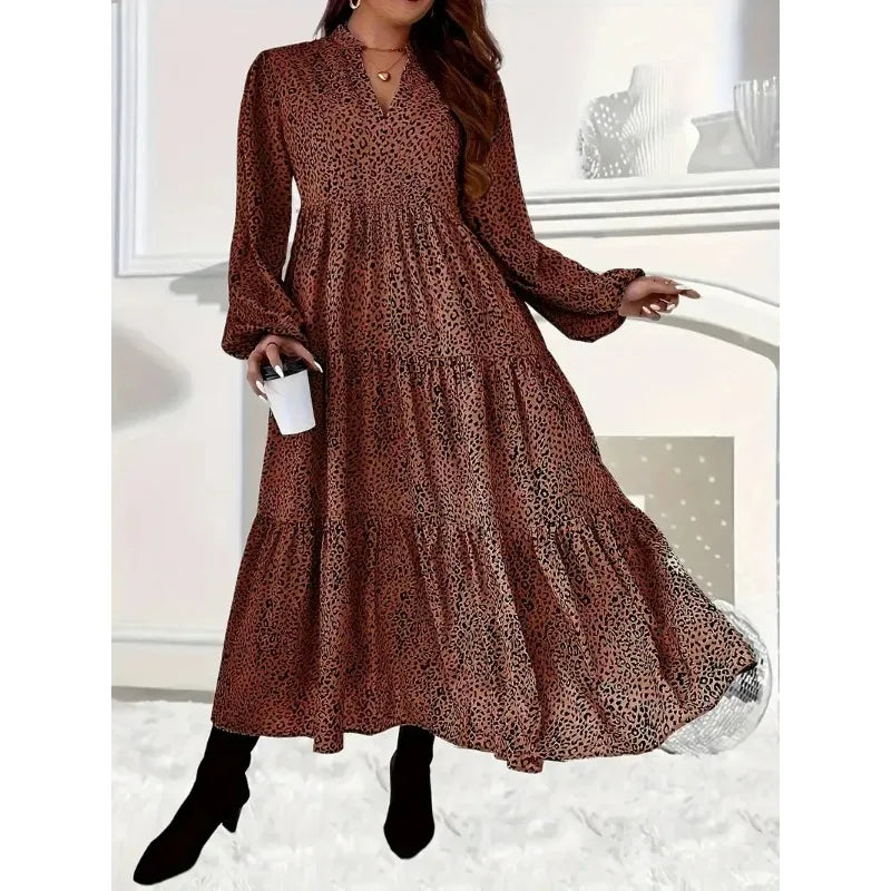 Women's Dress Long Casual Plus Size Leopard Fashion 1XL-5XL Print Tiered Long Dress Ladies Casual Notch Neck Long Sleeve Dress Women's Clothing