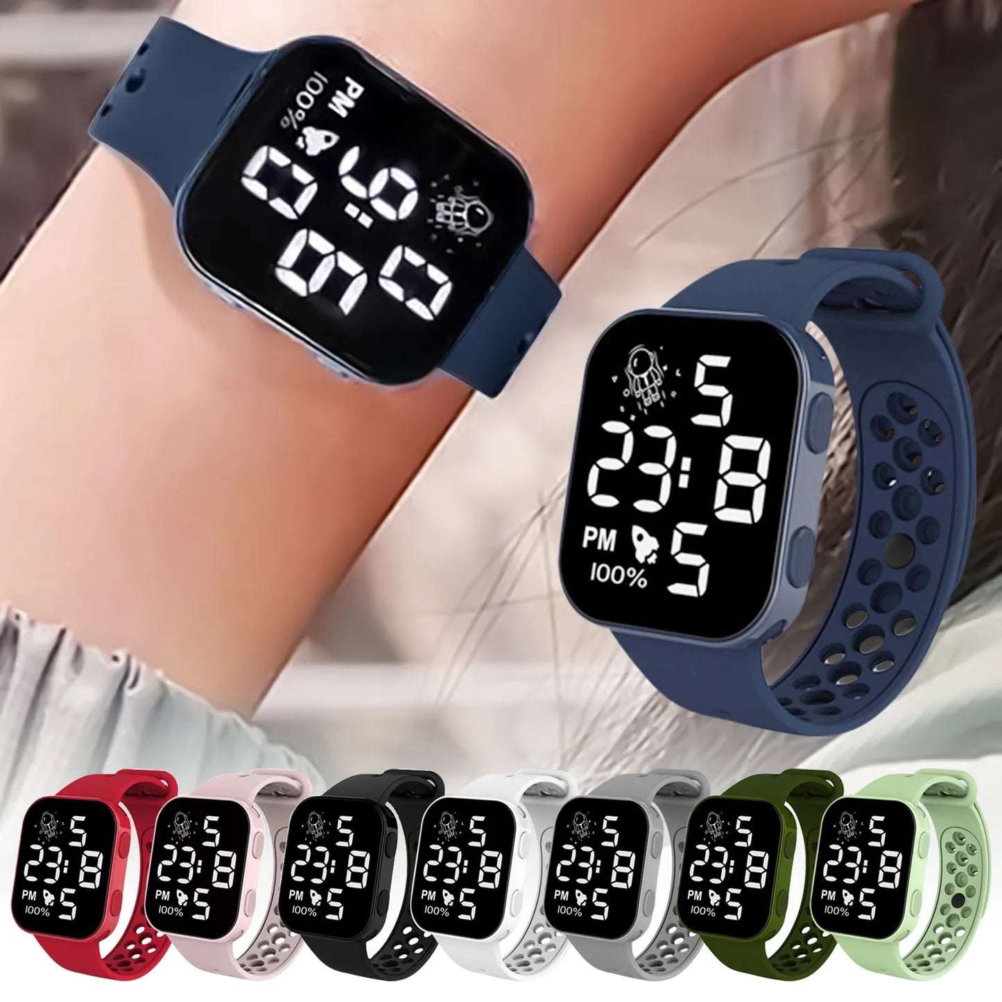 Children'S Sports Watches Outdoor Electronic Square Dial Watches Of Students Silicone Band Time Display Wristband Girls Boys