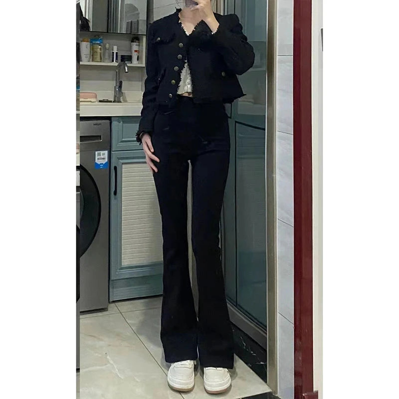 Black Jeans For Women Autumn 2024 High Waisted Micro Flared Pants Korean Fashion Slim Pants Elegant Office Ladies Tights Y2k