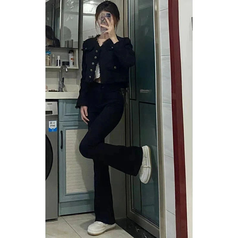 Black Jeans For Women Autumn 2024 High Waisted Micro Flared Pants Korean Fashion Slim Pants Elegant Office Ladies Tights Y2k