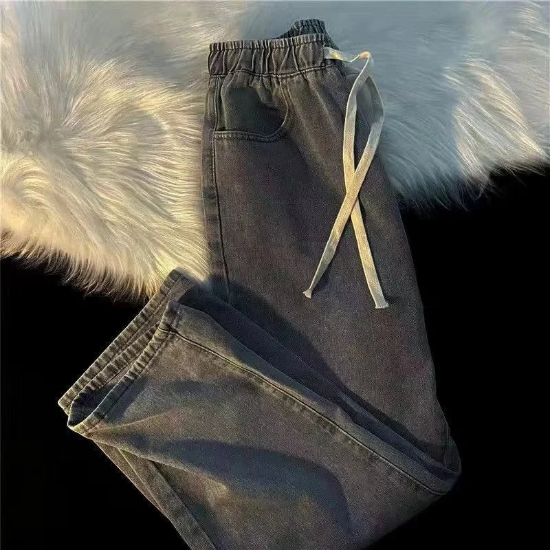 Women's Burrs Drawstring Straight Denim Pants Simple Preppy Style Elastic Waist Jeans Summer Fashion Female Trousers