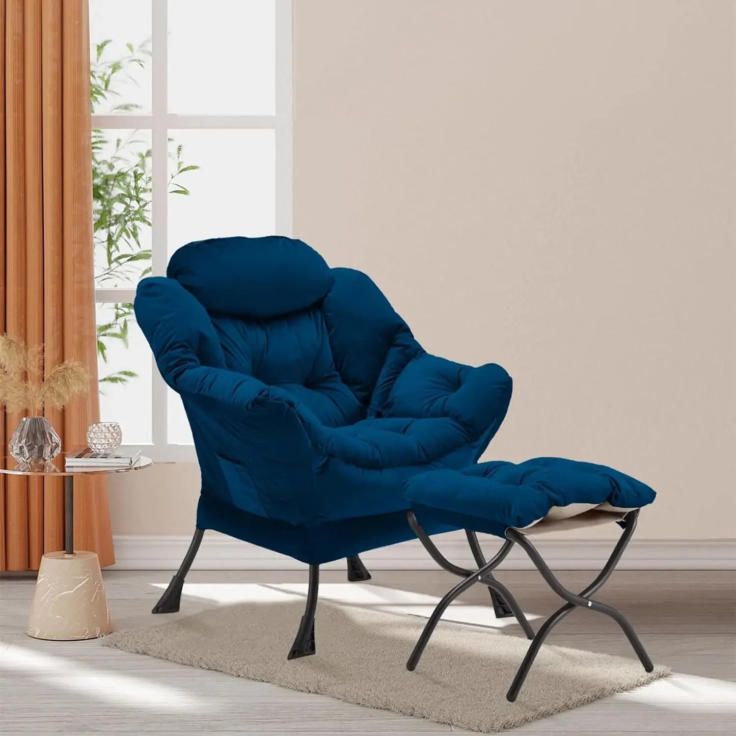 Lazy Chair with Folding Ottoman, Accent Chair Velvet Upholstered with Metal Structure and Non-Slip Pads, Sofa Armchair with Foot