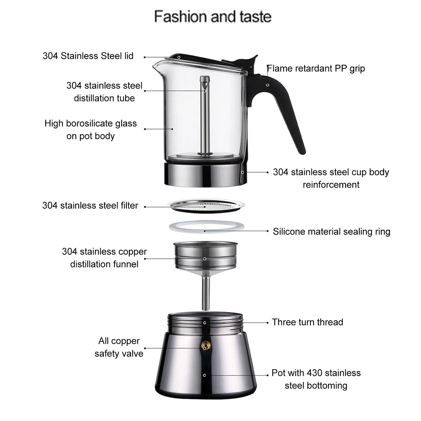 Pot Crystal Glass Top Stainless Steel Stovetop Pot Italian Coffee Maker for 4 Cups Italian coffee machine