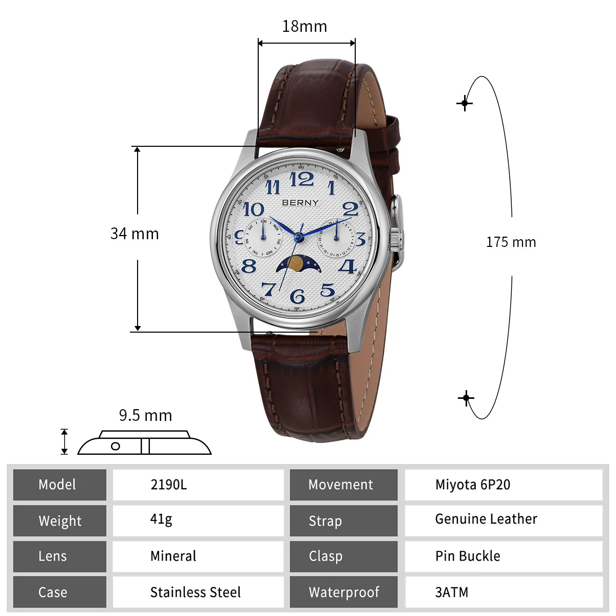 BERNY Luxury Watch for Women 2024 New in Quartz Vintage Lady Watches Easy Read Moon Phase Calendar Dress Business Wristwatch