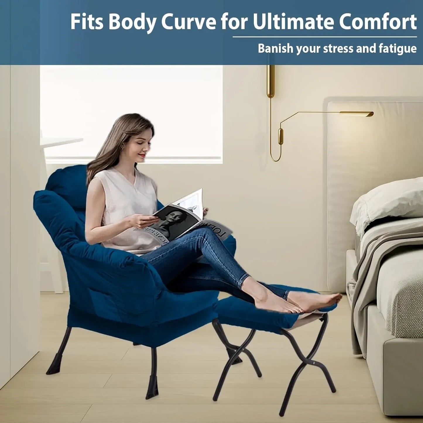Lazy Chair with Folding Ottoman, Accent Chair Velvet Upholstered with Metal Structure and Non-Slip Pads, Sofa Armchair with Foot