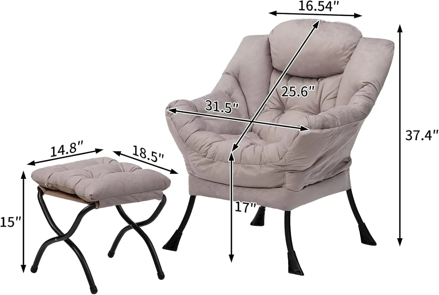 Fabric Lazy Chair with Foldable Ottoman,Accent Comfy Lounge Arm Chair and Folding Footrest Stool Set, Leisure Sofa Reading Chair