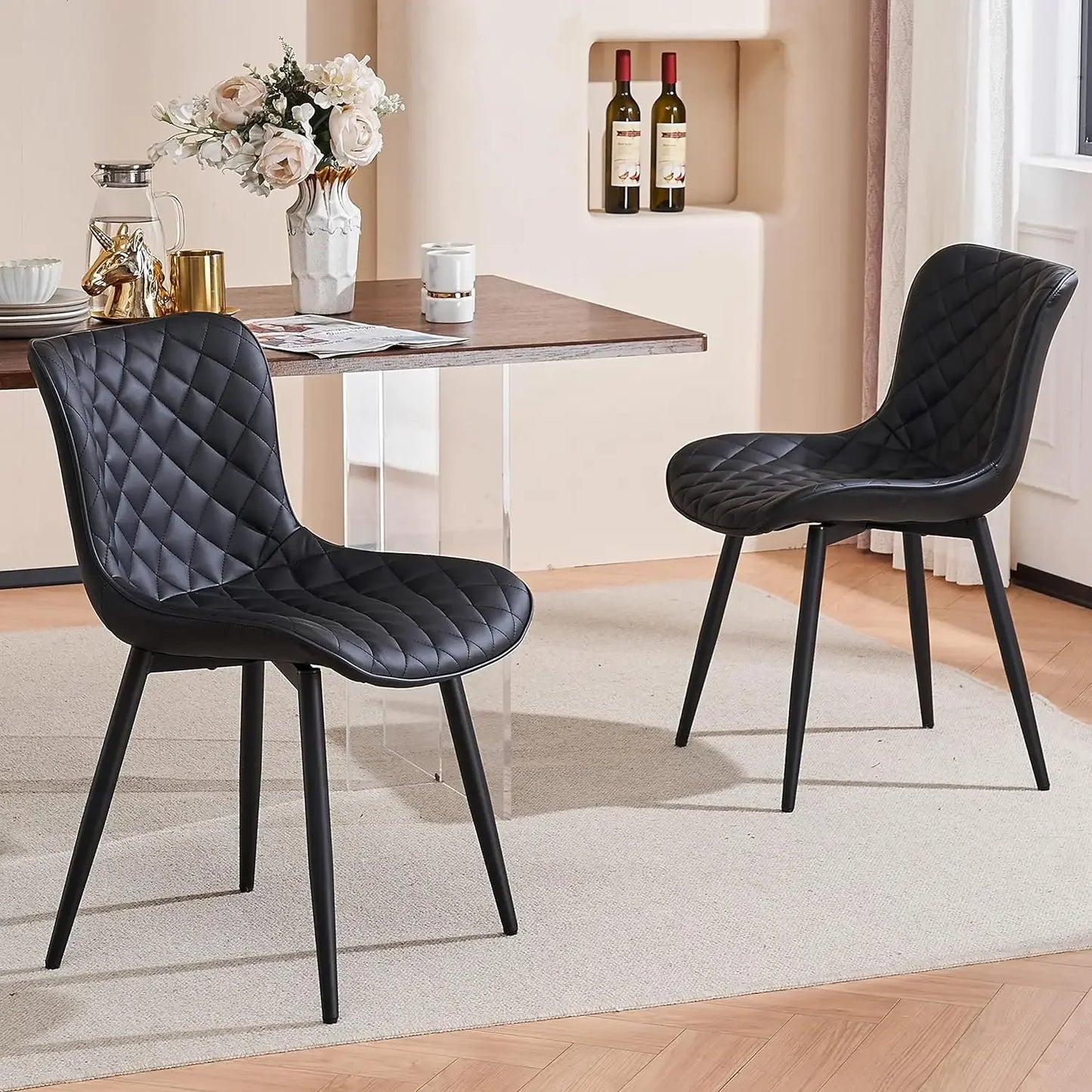 YOUTASTE Black Dining Chairs Set of 2 Mid Century Modern PU Leather Diamond Upholstered Accent Guest Dinner Chair with Back