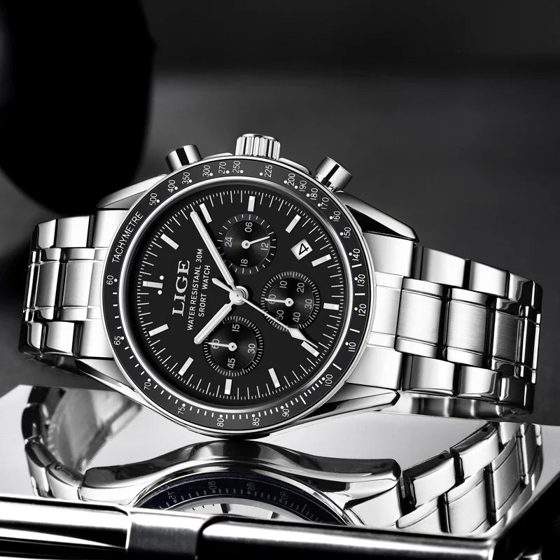 LIGE Mens Watches Business Fashion Quartz Wristwatch Stainless Steel Waterproof Chronograph Luminous Auto Date Watch for Men