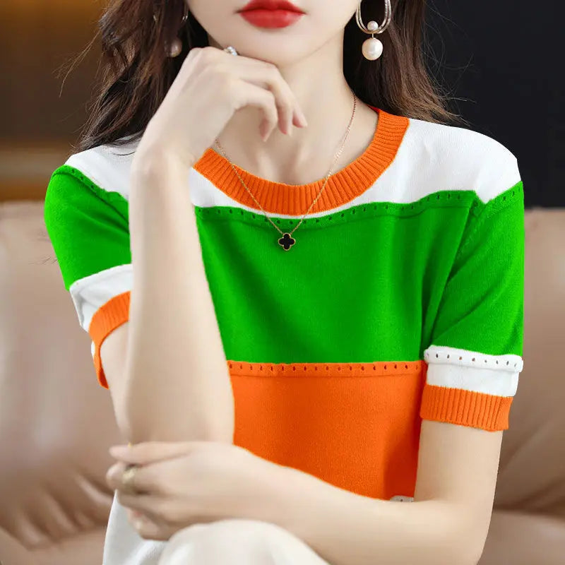 Korean Fashion Hollow Out Patchwork Knitted Blouse Women's Clothing 2023 Summer New O-Neck short Sleeve Casual Pullovers Shirt