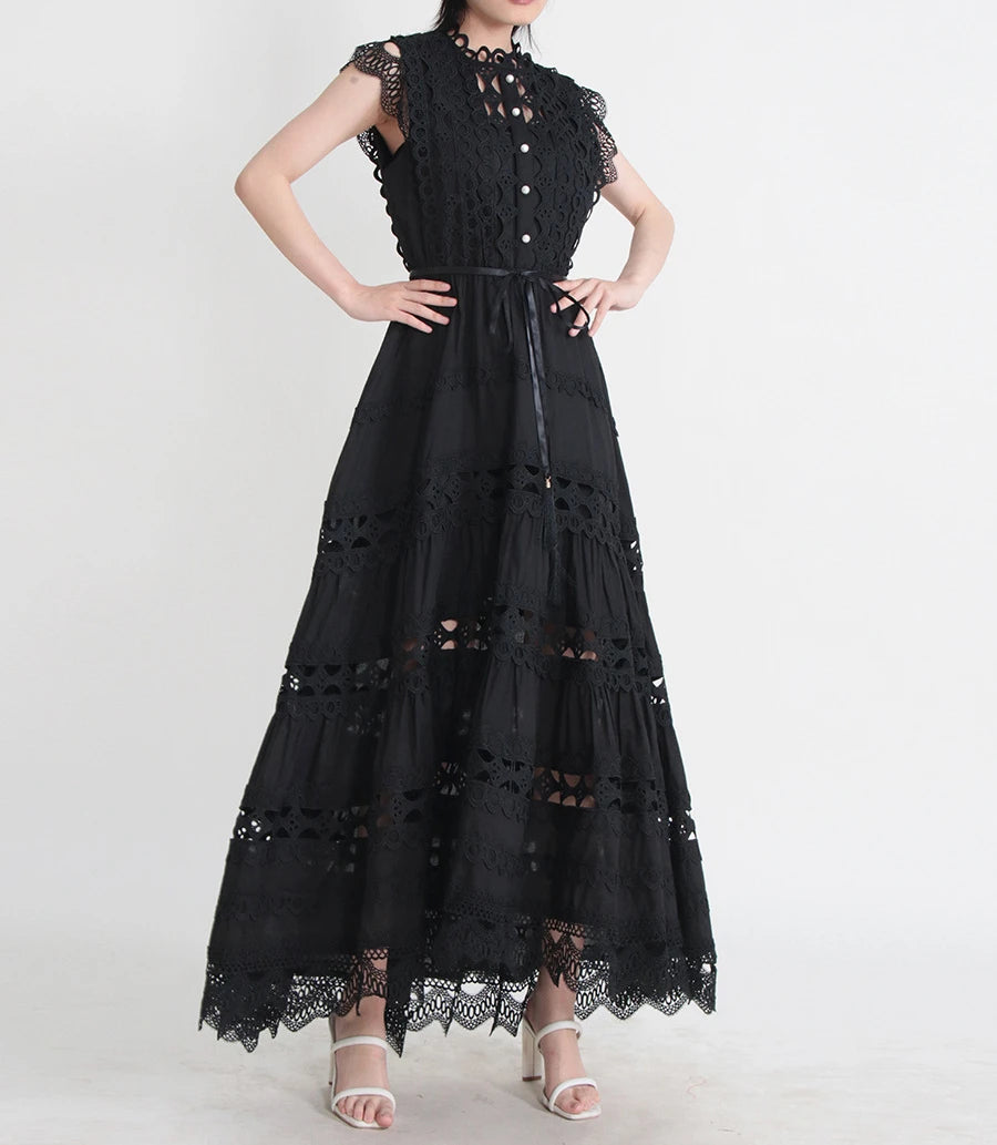 Vintage Sleeveless Black Women Dress Long Summer Hollow Out Women's Clothing Bodycon Runway Design Elegant Vestido Black