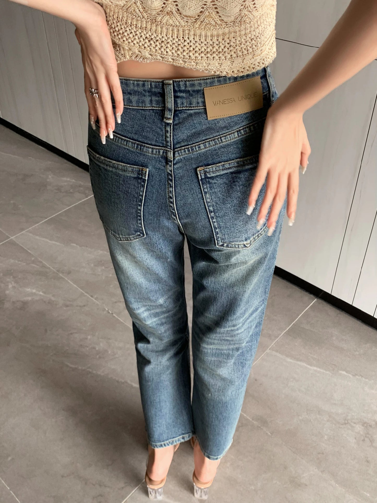 FRENCH ROMANCE VINTAGE NEW FASHION Y2K SUMMER DENIM SLIM HIGHT-WAISTED NINE-POINT JEANS