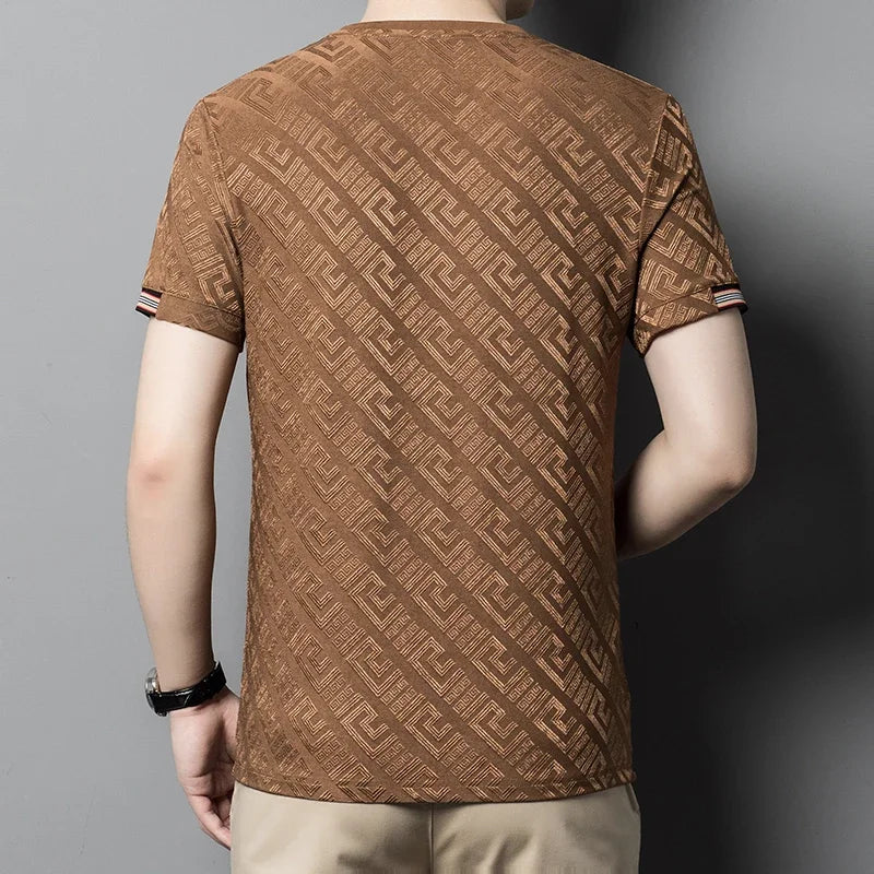 Summer Jacquard Ice Silk T-shirt for Men Short Sleeved Round Neck Casual Versatile Trendy Fashion T-shirt