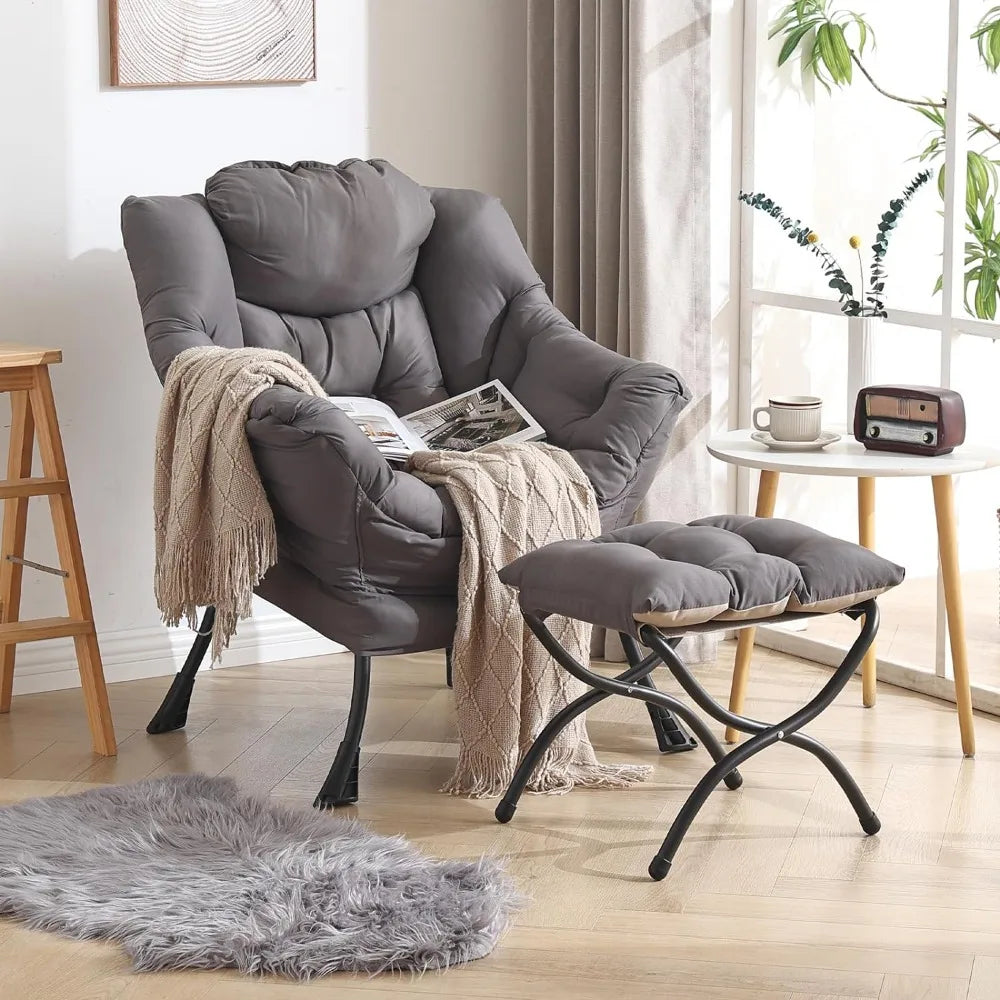 Lazy Chair with Ottoman, Modern Lounge Accent Chair with Armrests and a Side Pocket, Leisure Upholstered Sofa Chair Reading
