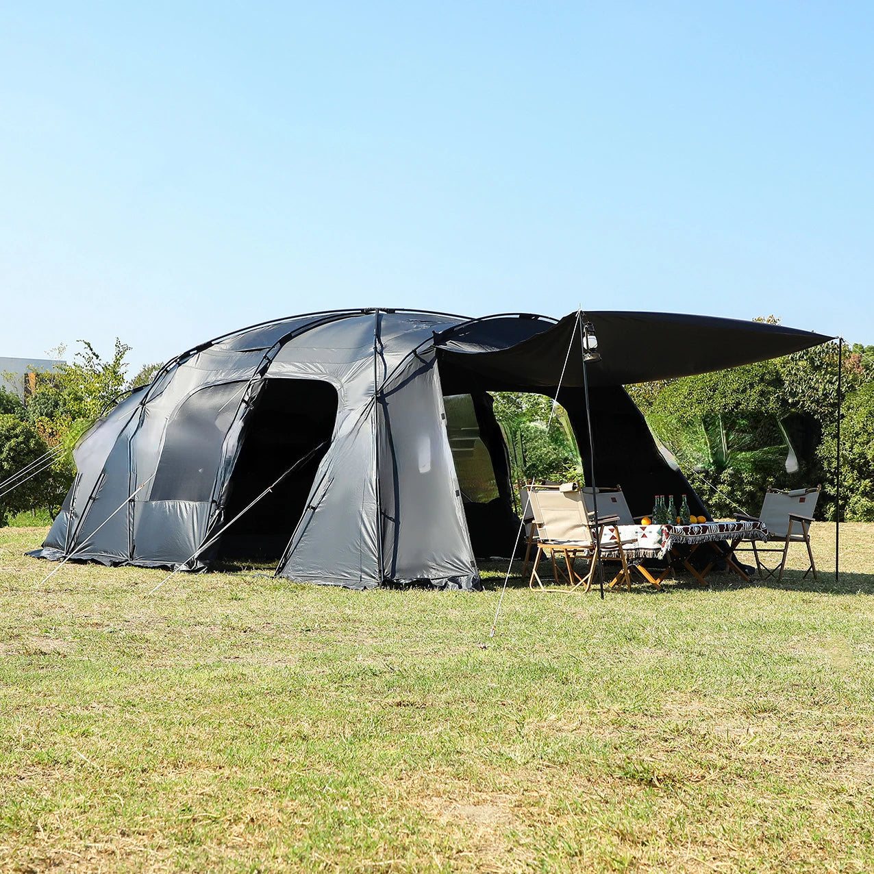 6-8 Person Luxury Black Glue Outdoor Camping Tunnel Family Tent Car SUV Beach Awning Team Hiking Canopy Mountaineering Shelter