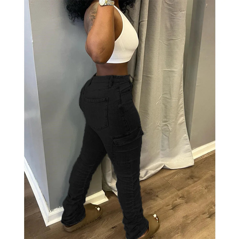 European and American Clothing Ins Smocked Side Pockets, Fashionable and Personalized Low-waist High-elastic Jeans