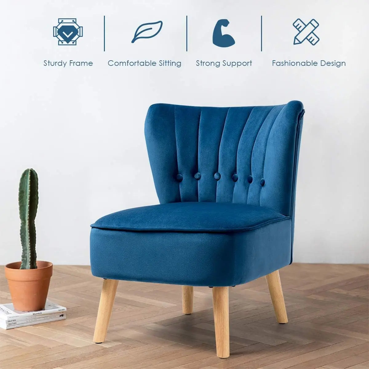 Set of 2 Modern Velvet Accent Chair, Small Upholstered Leisure Sofa Chair w/Wood Legs, Thickly Padded and Button Tufted