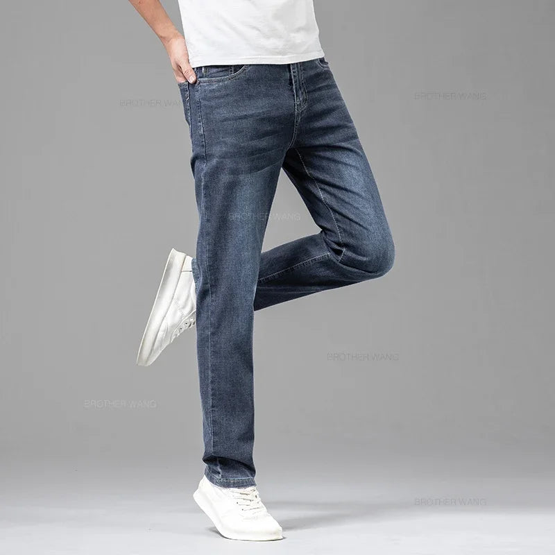 Summer Thin Men's Stretch Cotton Soft Denim Jeans Fashion Gray Business Slim Straight Casual Pants High Quality Brand Trousers