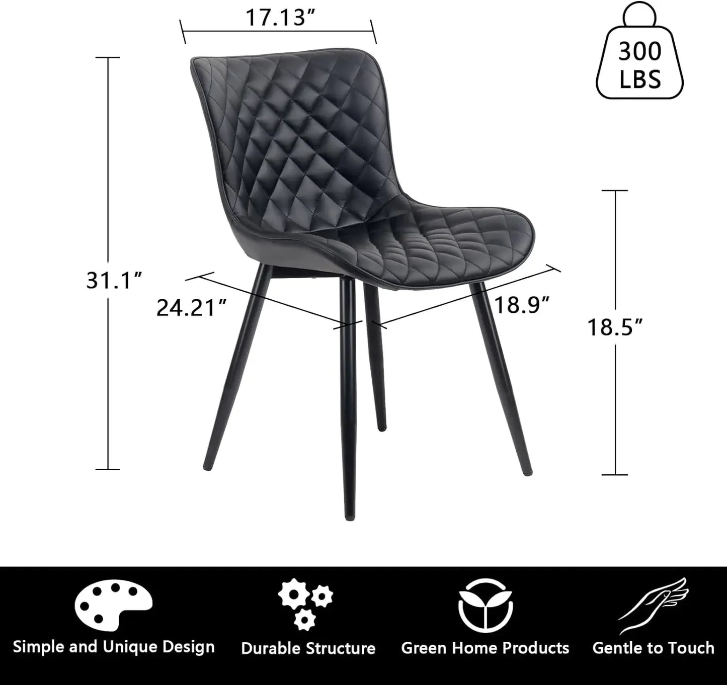 YOUTASTE Black Dining Chairs Set of 2 Mid Century Modern PU Leather Diamond Upholstered Accent Guest Dinner Chair with Back