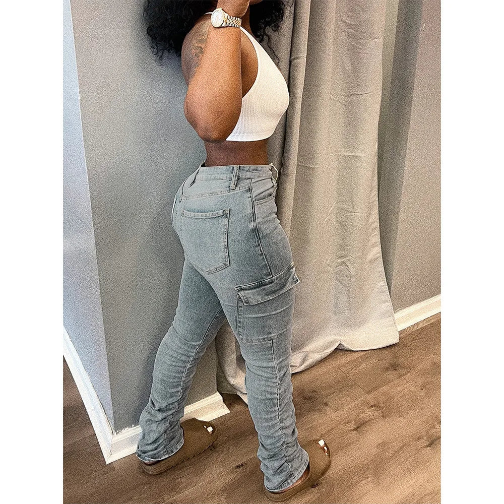 European and American Clothing Ins Smocked Side Pockets, Fashionable and Personalized Low-waist High-elastic Jeans