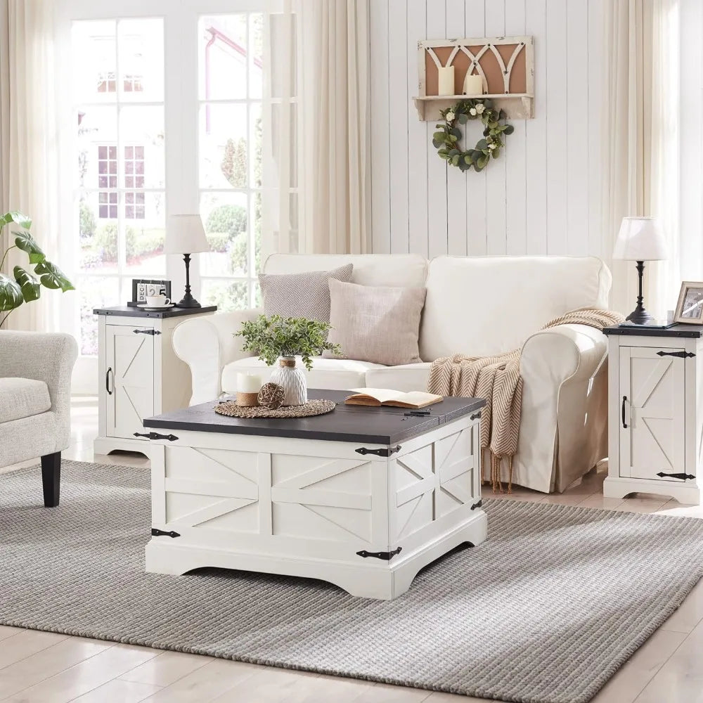 Farmhouse Coffee Table, Square Wood Center Table with Large Hidden Storage Compartment for Living Room, Rustic Cocktail Table
