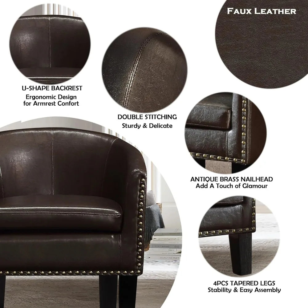 Duilio Club Style Barrel Armchair For Living Room Faux Leather Accent Chair, Leather Brown