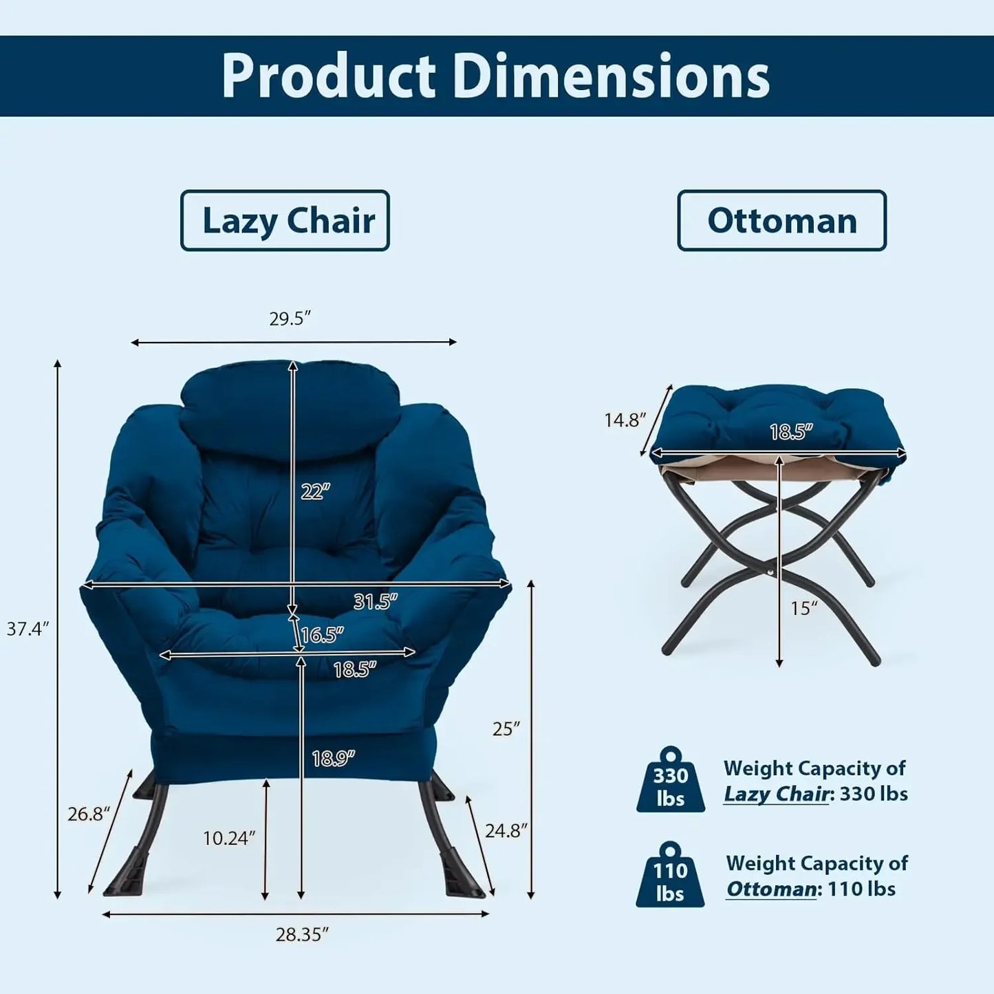 Lazy Chair with Folding Ottoman, Accent Chair Velvet Upholstered with Metal Structure and Non-Slip Pads, Sofa Armchair with Foot