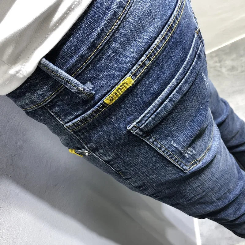 Trendy Men's Slimming Denim Jeans Spring/summer New Korean Style Washing Blue Tapered Pants For Social Youth