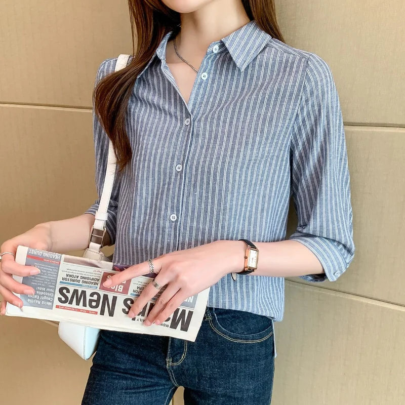 3/4 Sleeve Polo Collar Button Front Versatile Striped Shirt Autumn and Winter Version Commuter Women's Clothing