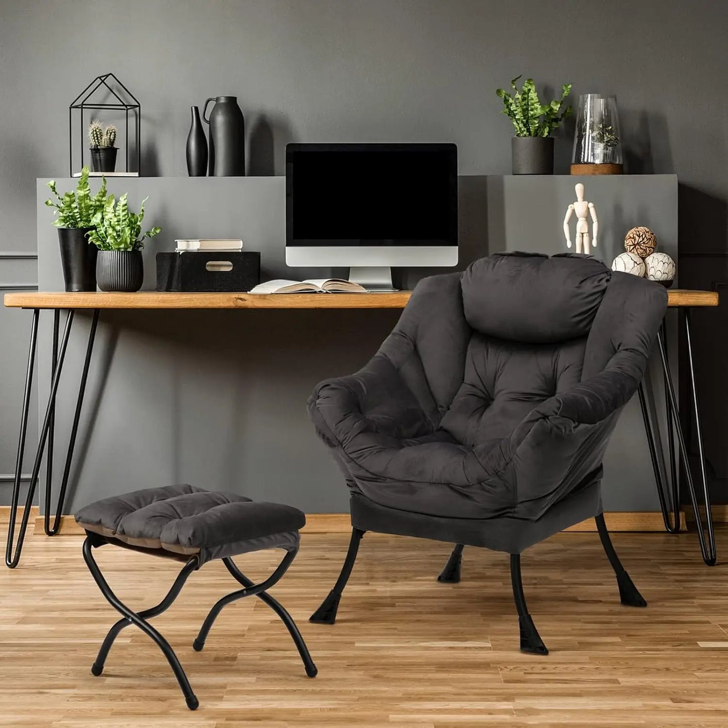 Fabric Lazy Chair with Foldable Ottoman, Accent Comfy Lounge Arm Chair and Folding Footrest Stool Set,Leisure Sofa Reading Chair