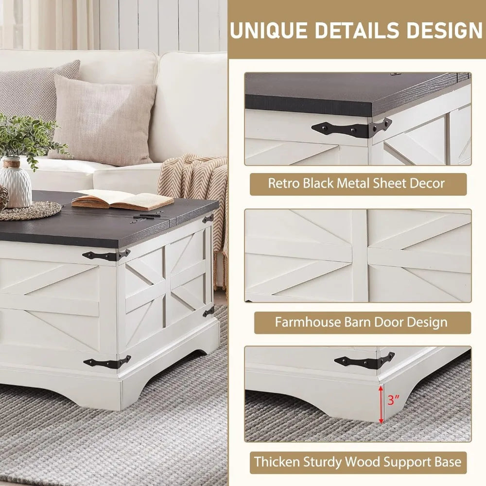 Farmhouse Coffee Table, Square Wood Center Table with Large Hidden Storage Compartment for Living Room, Rustic Cocktail Table