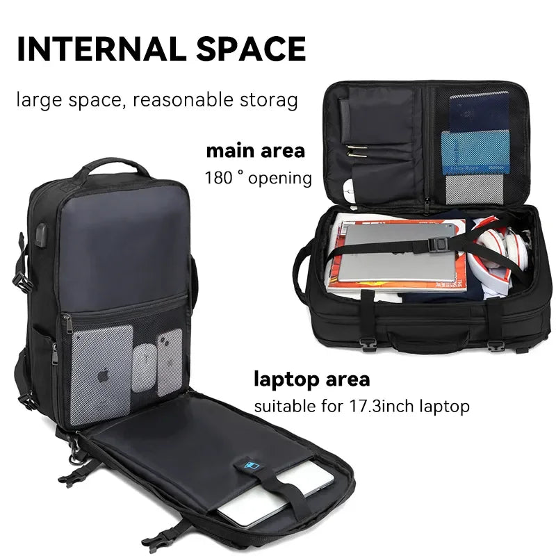 40L Mens Backpack Large Capacity Expandable Male Business Travel Bags USB Charging Canvas Waterproof 17.3 Inch Laptop Backpacks