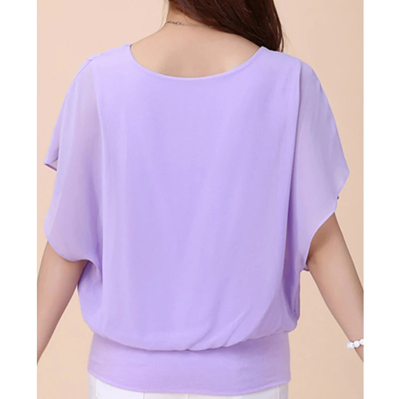 Chiffon Blouse Women Top Solid Color O Neck Loose Pullover Batwing Sleeve Ruffle Shirts Blouse Women's Clothing Casual Summertop