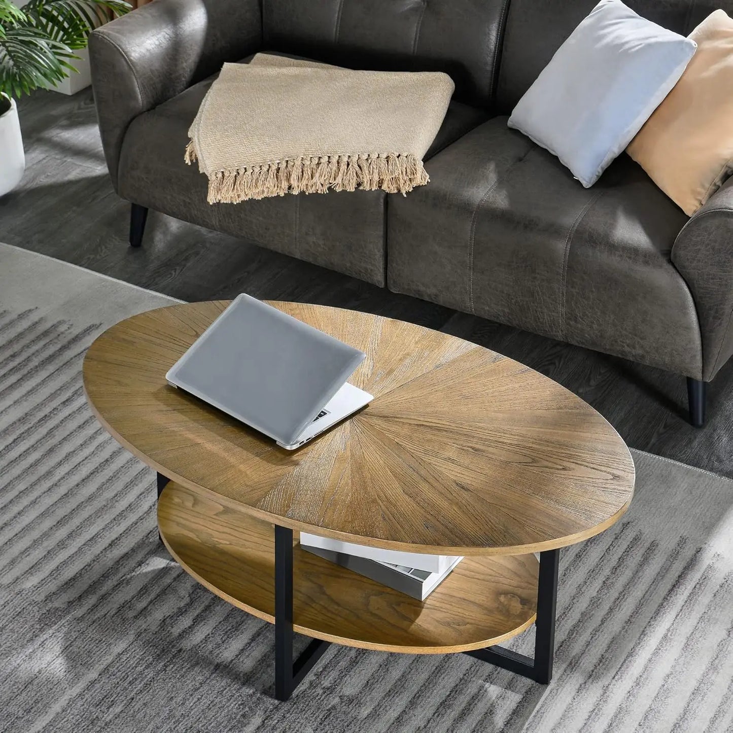 Solid Wood Oval Coffee Table with Cross Metal Legs, 43.3in Modern Industrail Center Table with Open Shelf Cocktail