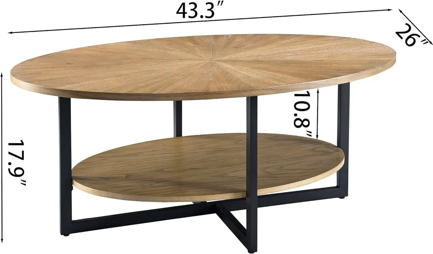Solid Wood Oval Coffee Table with Cross Metal Legs, 43.3in Modern Industrail Center Table with Open Shelf Cocktail