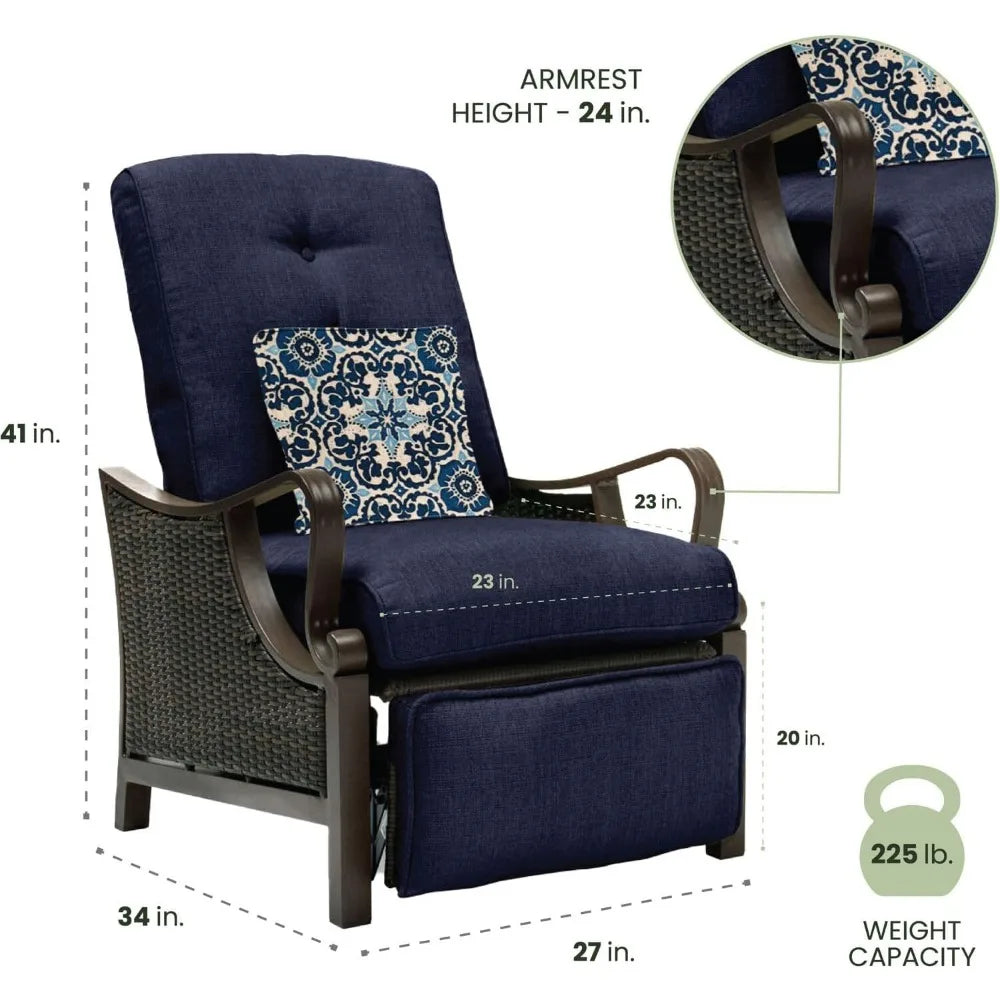 Ventura Brown Wicker Outdoor Recliner Chair with Cushions and Accent Pillow, Luxury All-Weather Outdoor Patio Recliner Chair
