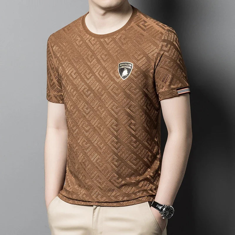 Summer Jacquard Ice Silk T-shirt for Men Short Sleeved Round Neck Casual Versatile Trendy Fashion T-shirt