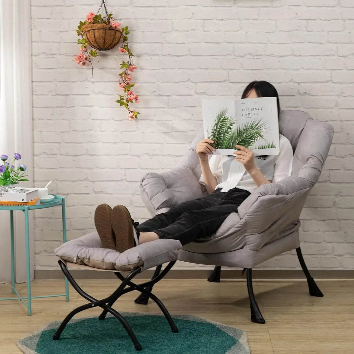 Fabric Lazy Chair with Foldable Ottoman,Accent Comfy Lounge Arm Chair and Folding Footrest Stool Set, Leisure Sofa Reading Chair