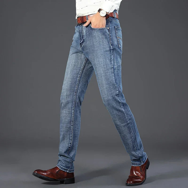 Business Cotton Mens Jeans Casual Straight Stretch Fashion Classic Blue Soft Comfortable Work Denim Trousers Male Brand Clothing