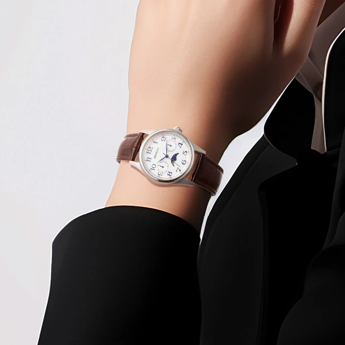 BERNY Luxury Watch for Women 2024 New in Quartz Vintage Lady Watches Easy Read Moon Phase Calendar Dress Business Wristwatch