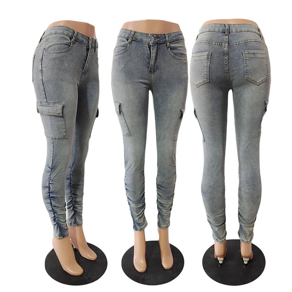 European and American Clothing Ins Smocked Side Pockets, Fashionable and Personalized Low-waist High-elastic Jeans
