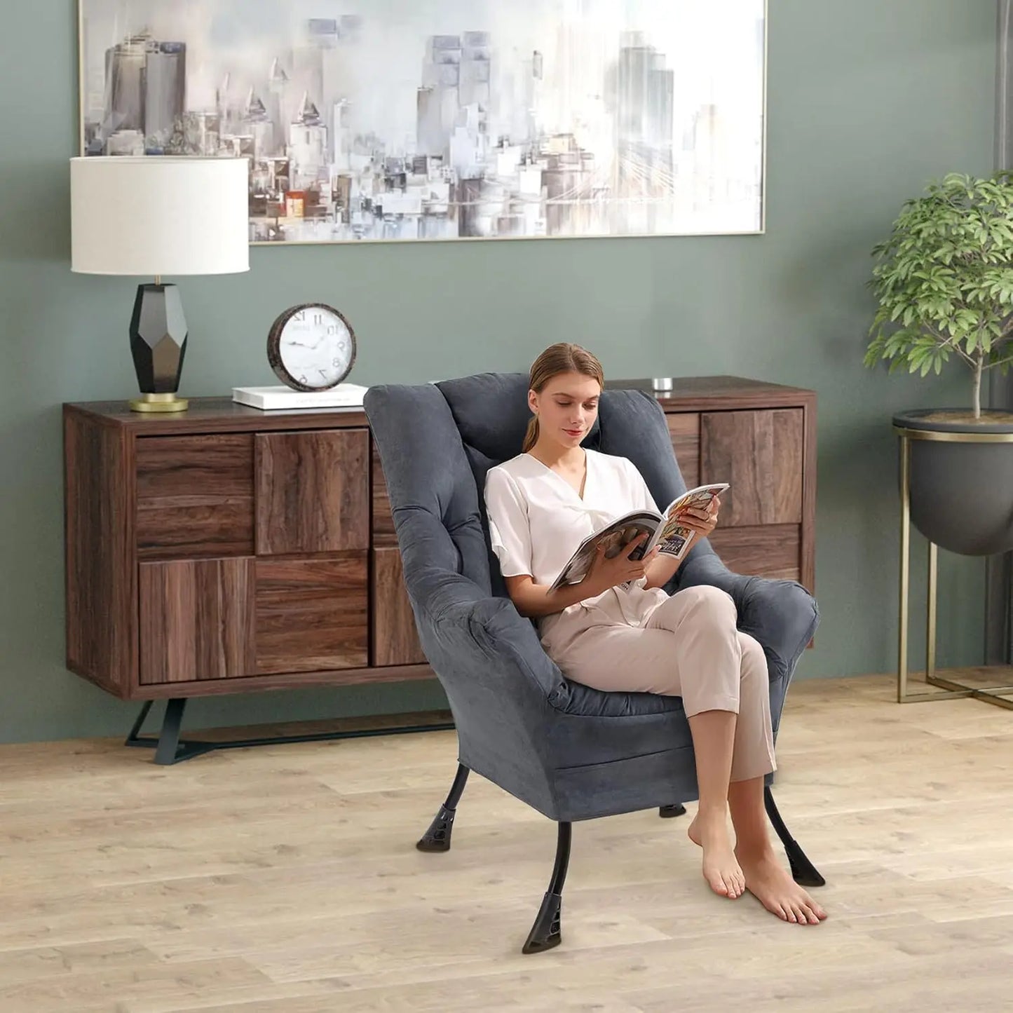 Modern Soft Accent Chair Living Room Upholstered Single Armchair High Back Lazy Sofa (Cool Grey)