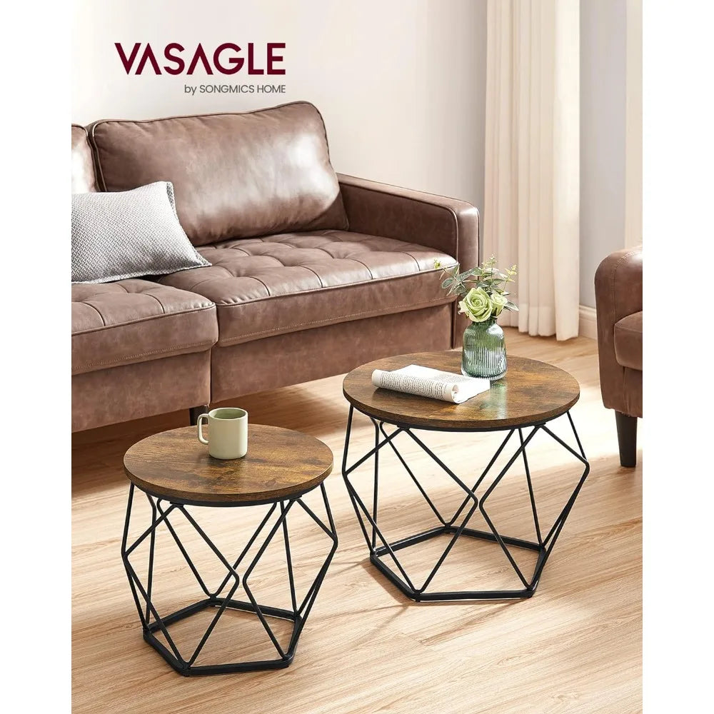 VASAGLE Small Coffee Table Set of 2, Round Coffee Table with Steel Frame, Side End Table for Living Room, Bedroom, Office