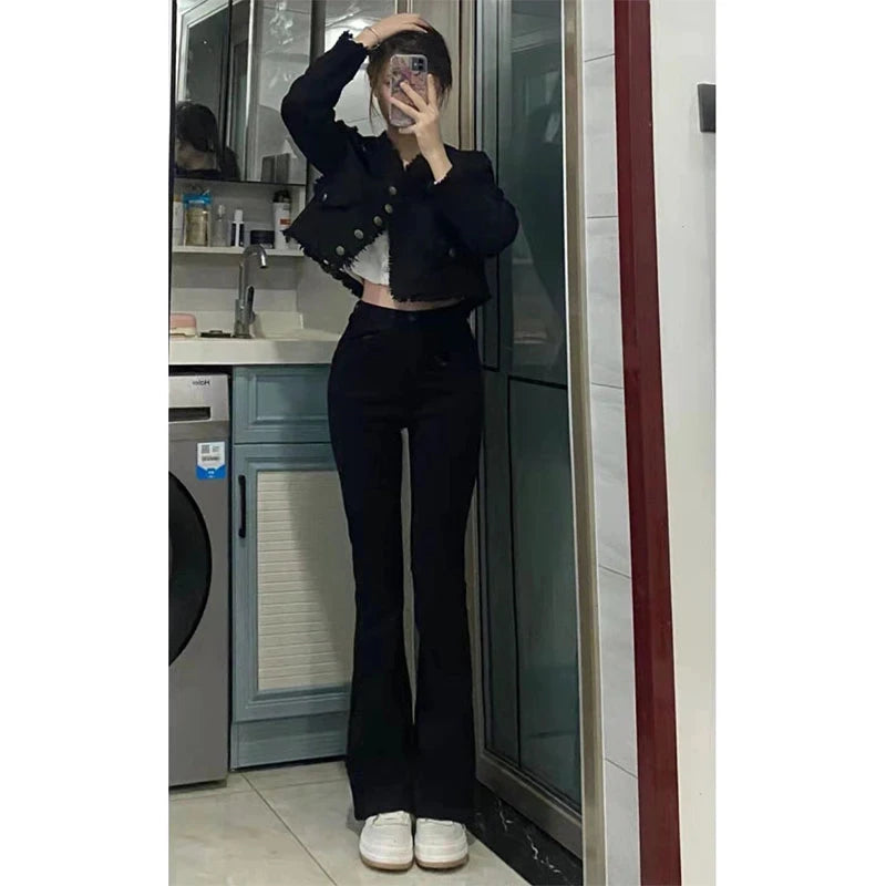 Black Jeans For Women Autumn 2024 High Waisted Micro Flared Pants Korean Fashion Slim Pants Elegant Office Ladies Tights Y2k